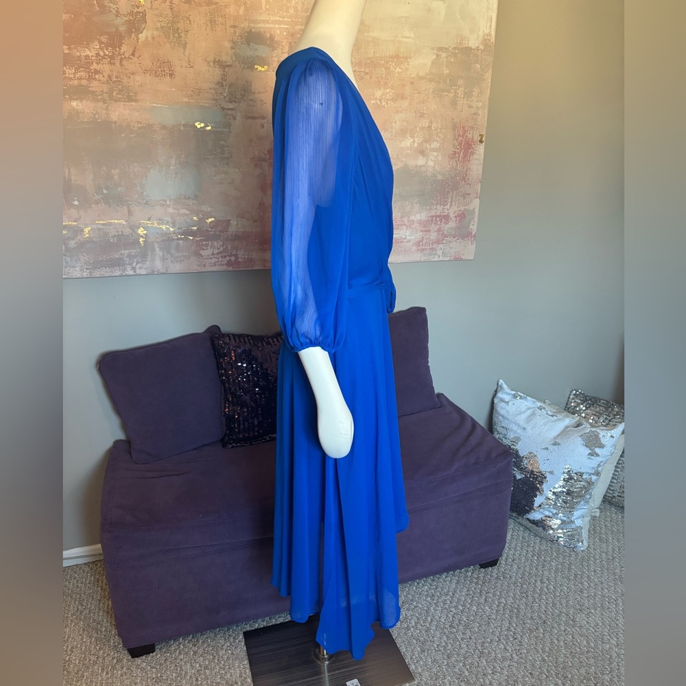 DKNY Blue Faux Wrap Dress with V-Neck and Bishop Sleeves NWT size 16 - Picture 11 of 12
